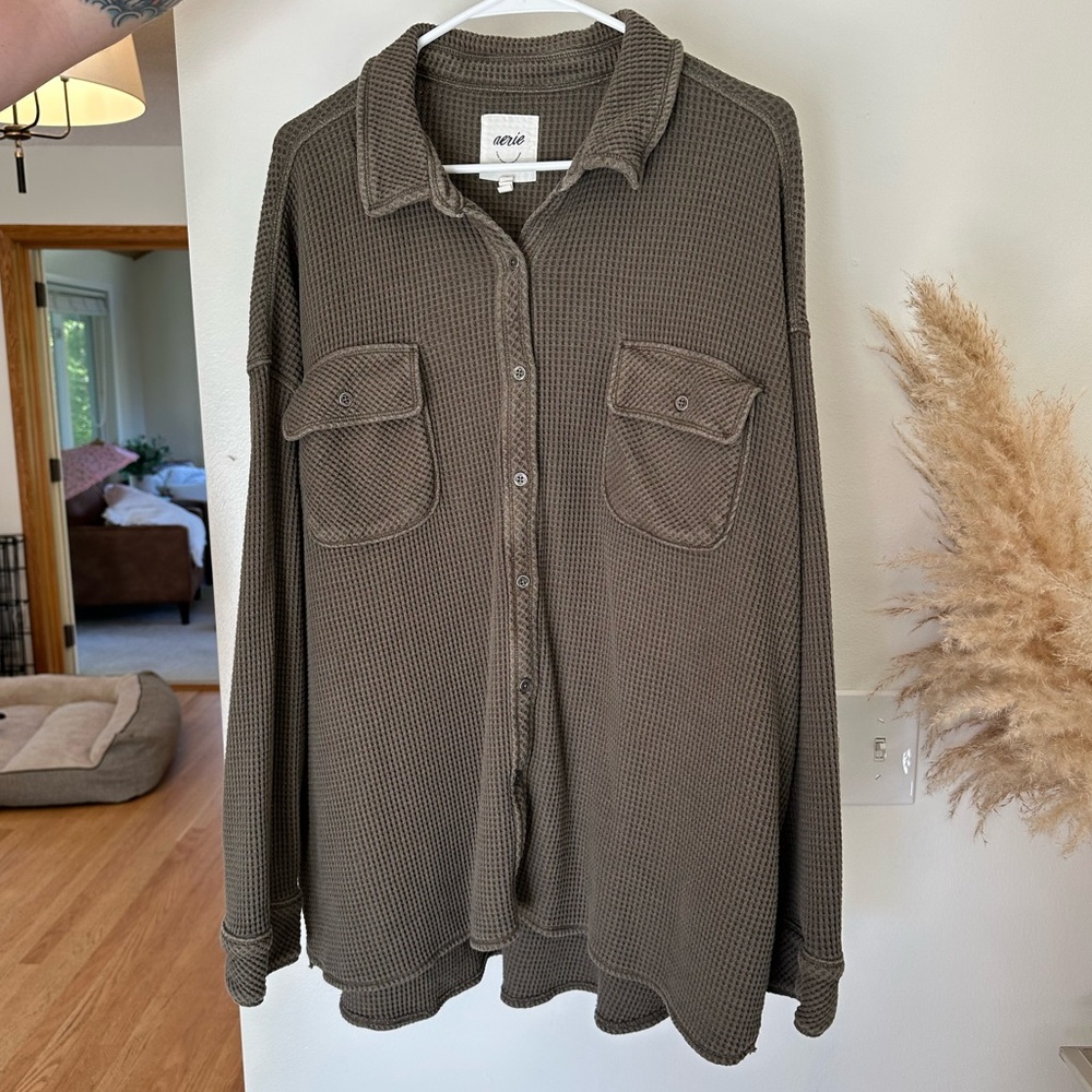 Aerie Olive Green Waffle Knit Sweater